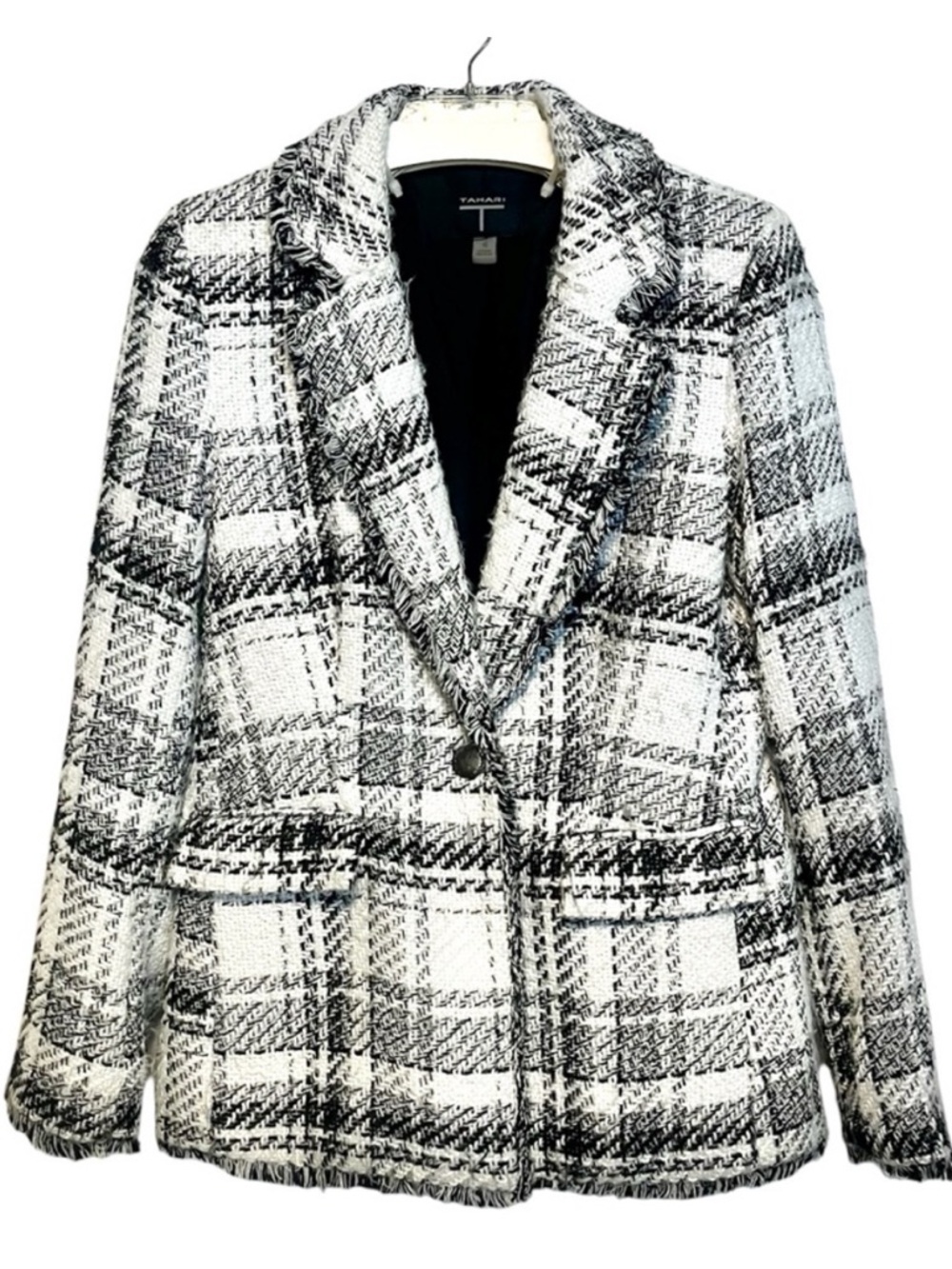 TAHARI Plaid One Button Closure Blazer